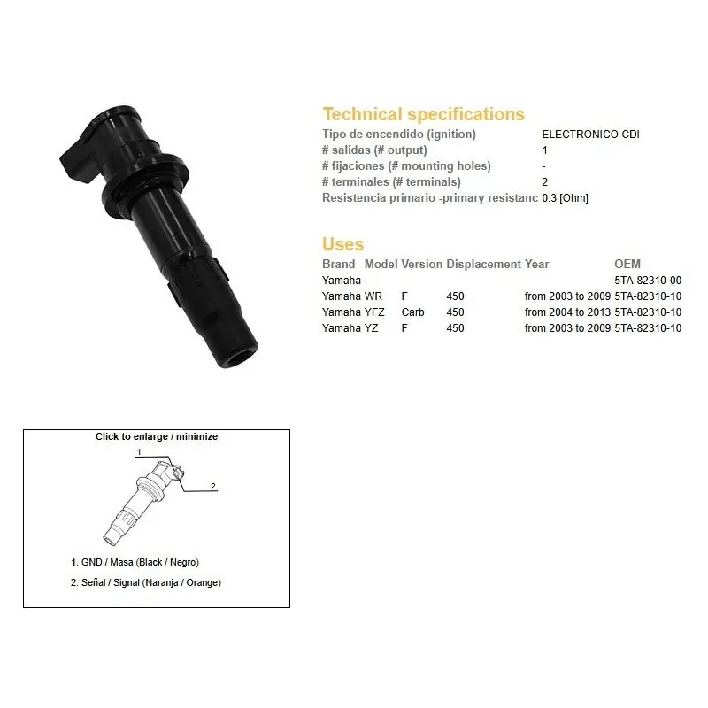 Bezpieczne zakupy DZE CEWKA ZAPŁONOWA (FAJKOCEWKA) YAMAHA YFZ 450R ‘04- ‘13; WR 450F ‘03- ‘09; YZ 450F ‘03- ‘09 (OEM 5TA-82310-00)